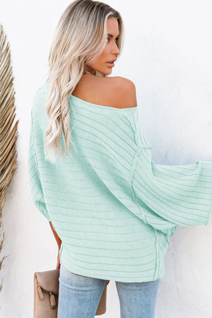 Green Exposed Seam Ribbed Knit Dolman Top