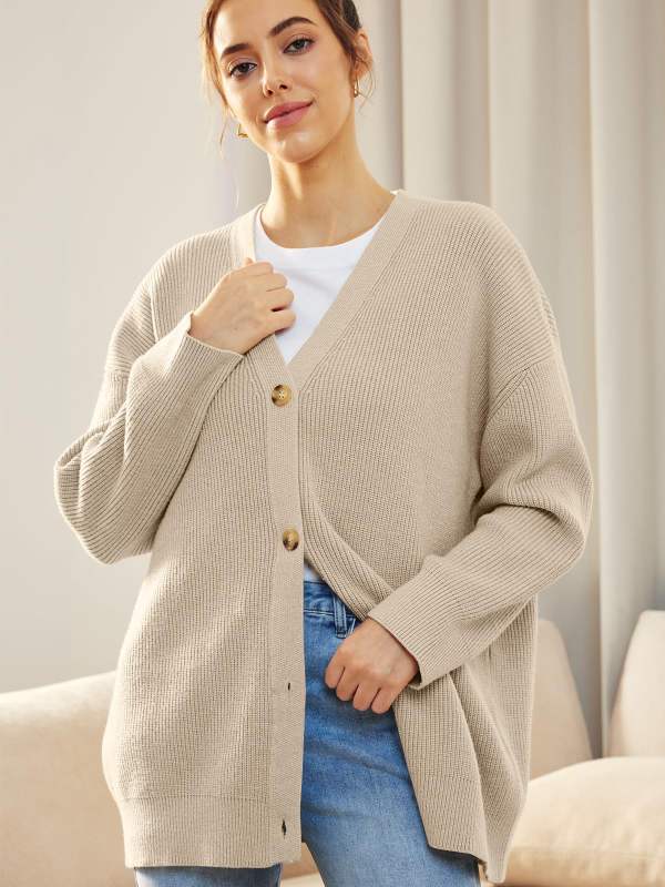 Apricot Solid Color Buttons V Neck Cardigan