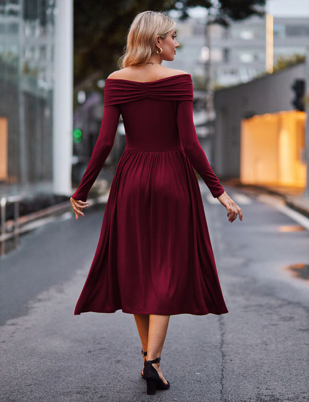 Red Pleated Off Shoulder Long Sleeve Dress