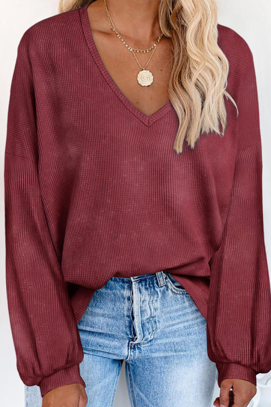 Red Waffle Knit V Neck Long Sleeve Loose Tunic Top