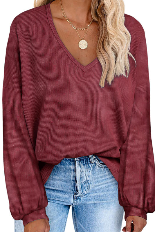 Red Waffle Knit V Neck Long Sleeve Loose Tunic Top