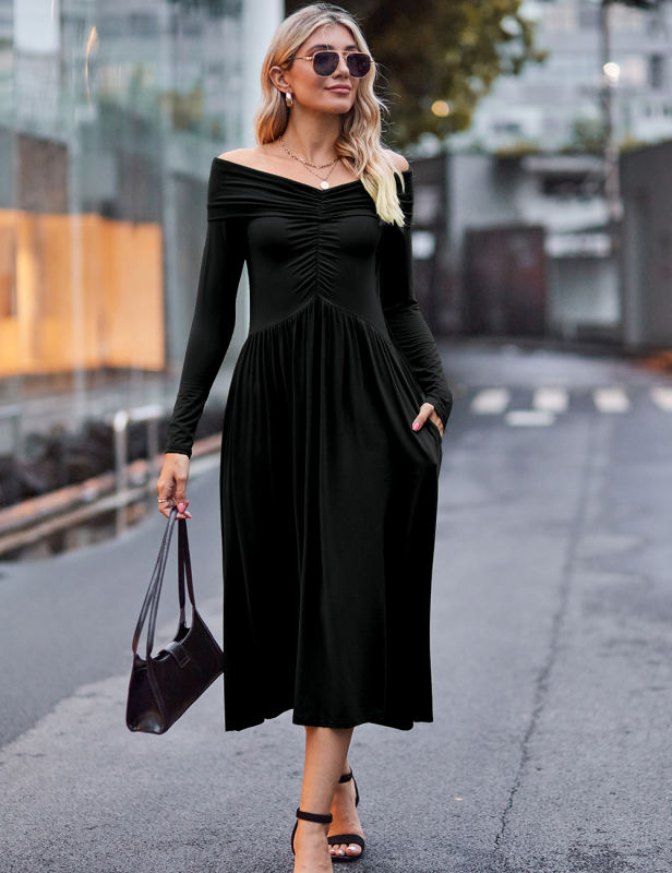 Black Pleated Off Shoulder Long Sleeve Dress