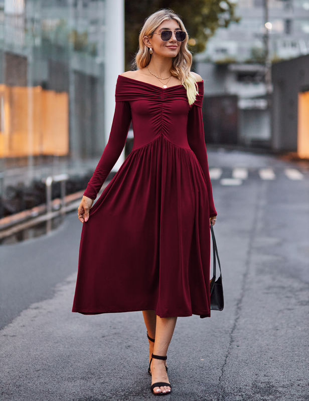 Red Pleated Off Shoulder Long Sleeve Dress