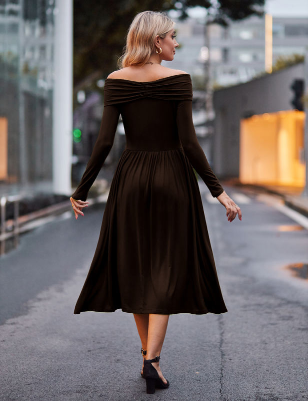 Dark Brown Pleated Off Shoulder Long Sleeve Dress