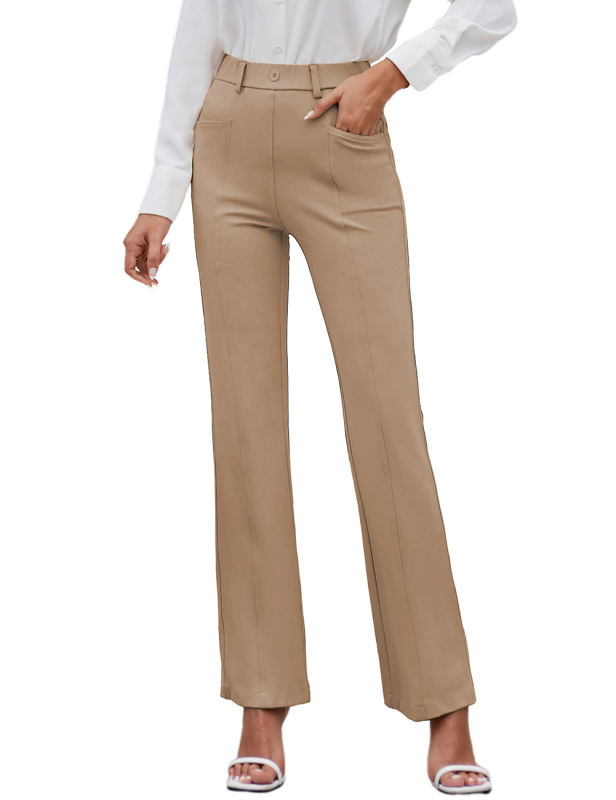 Khaki Extra Long High Waist Flare Pants with Pockets