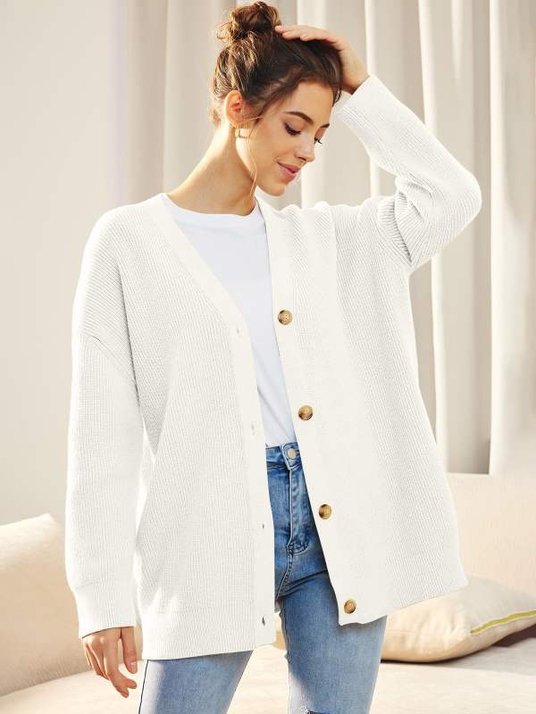 White Solid Color Buttons V Neck Cardigan