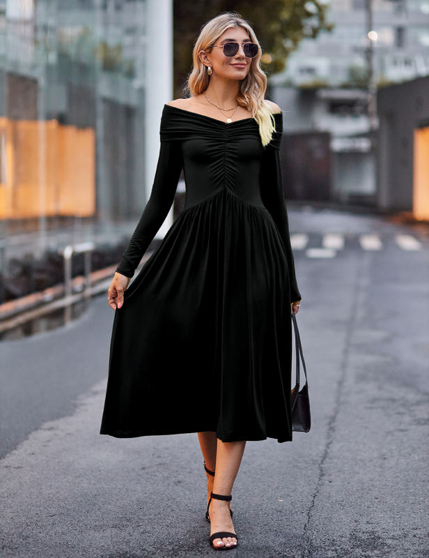 Black Pleated Off Shoulder Long Sleeve Dress