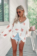 White Floral Print Lightweight Knit Hooded Sweater