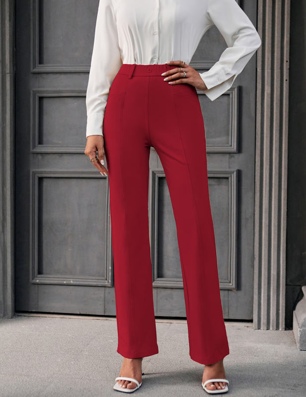 Red Extra Long High Waist Flare Pants with Pockets