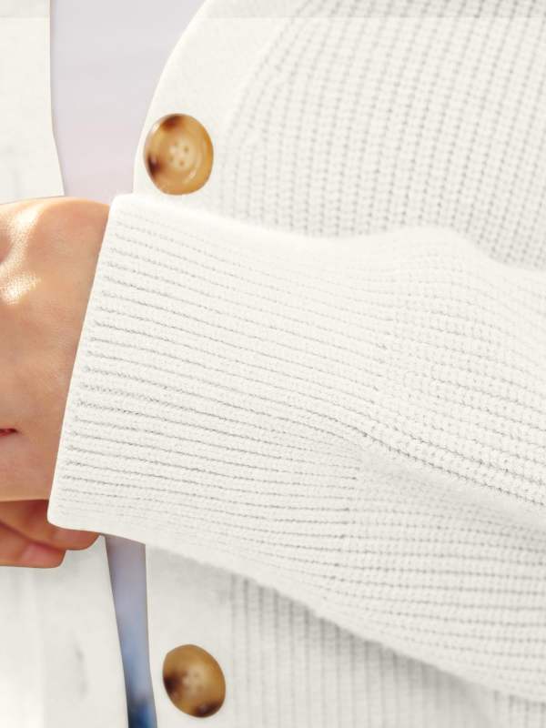 White Solid Color Buttons V Neck Cardigan