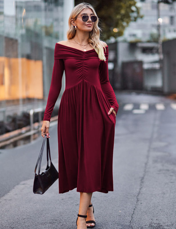 Red Pleated Off Shoulder Long Sleeve Dress