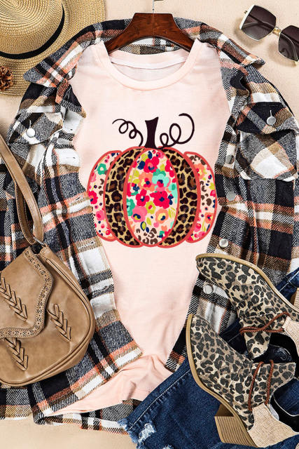 Pink Leopard Halloween Pumpkin Graphic Tee