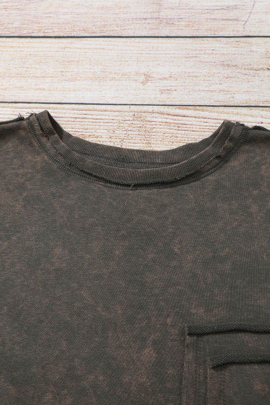 Gray Acid Wash Drop Shoulder Long Sleeve Sweatshirt with Pockets