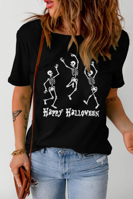 Black Happy Halloween Skull Dancing Graphic Tee