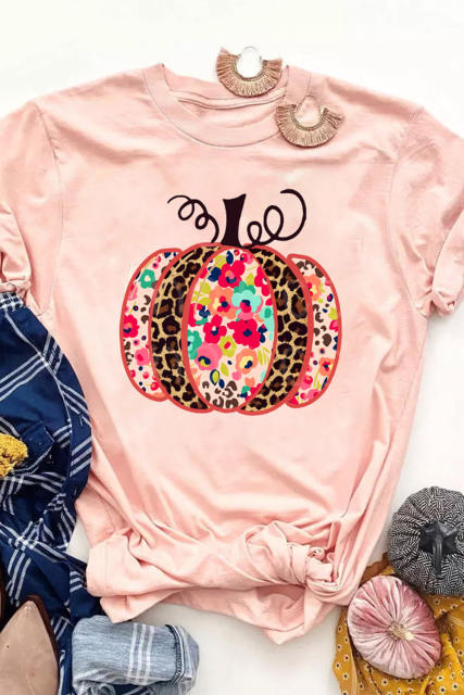 Pink Leopard Halloween Pumpkin Graphic Tee