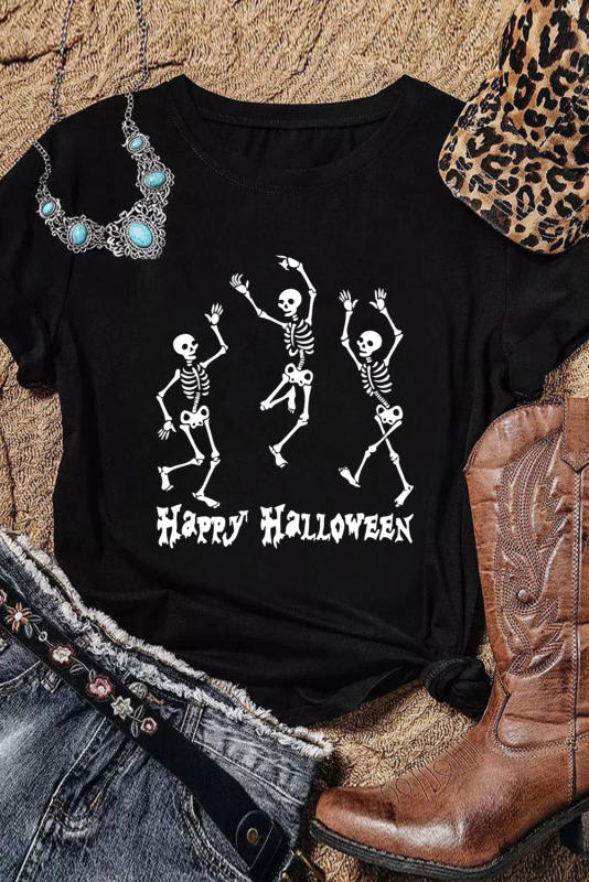 Black Happy Halloween Skull Dancing Graphic Tee
