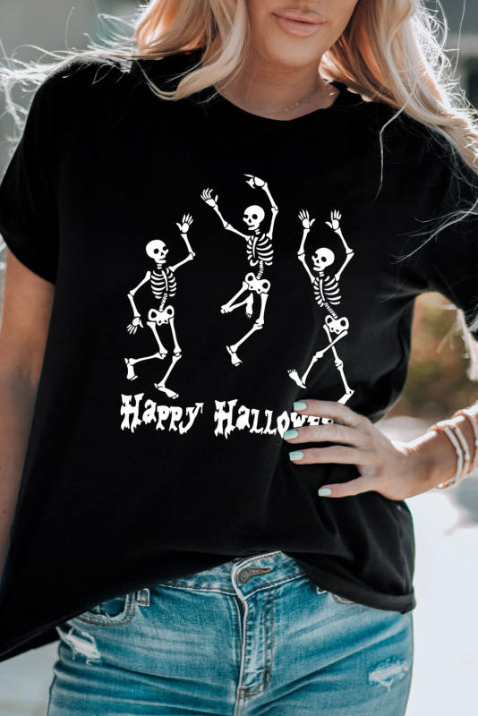 Black Happy Halloween Skull Dancing Graphic Tee