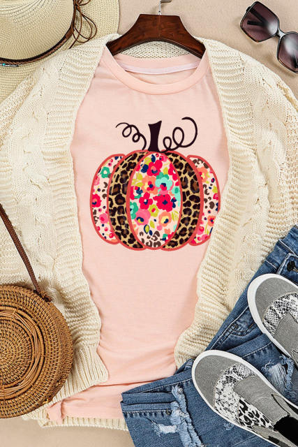 Pink Leopard Halloween Pumpkin Graphic Tee