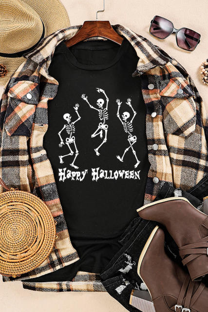 Black Happy Halloween Skull Dancing Graphic Tee