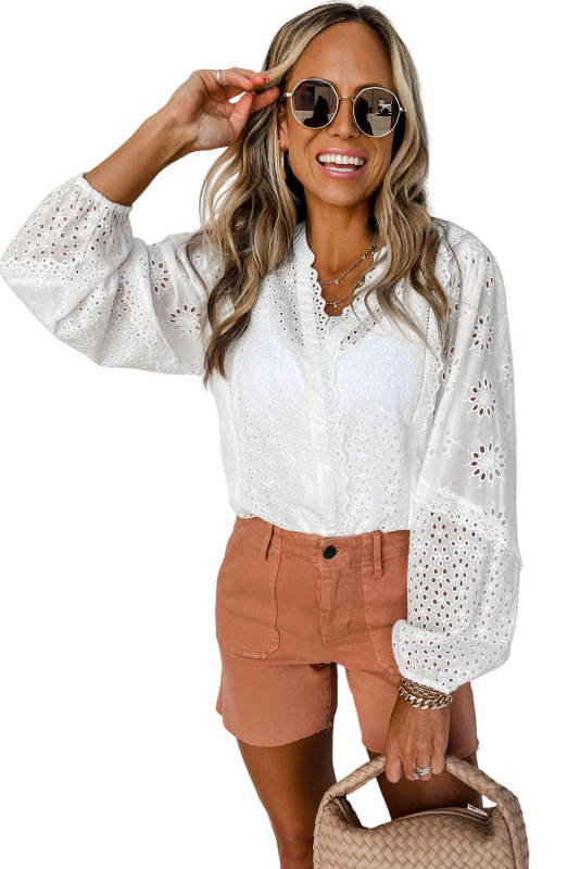 White Eyelet Lace Puff Sleeve Split Neck Blouse
