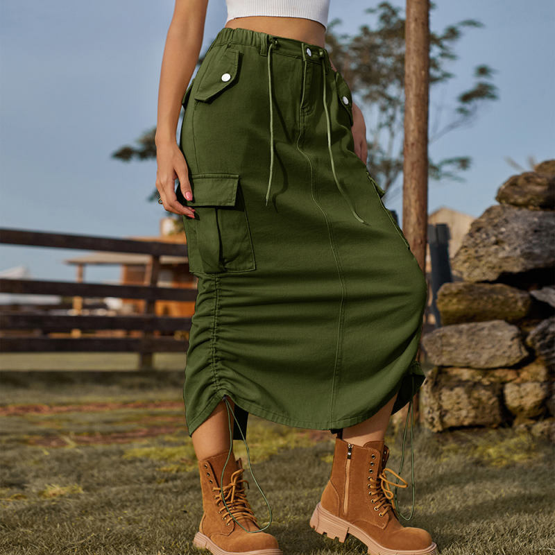 Army Green Drawstring Midi Skirt with Pocket TQH360094-27