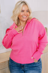 Rose Solid Ribbed Trim Plus Size Zip Collar Sweater PL272114-6