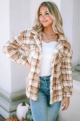 Khaki Sherpa Plaid Button Pocketed Jacket LC8512766-16