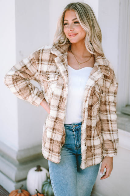 Khaki Sherpa Plaid Button Pocketed Jacket LC8512766-16