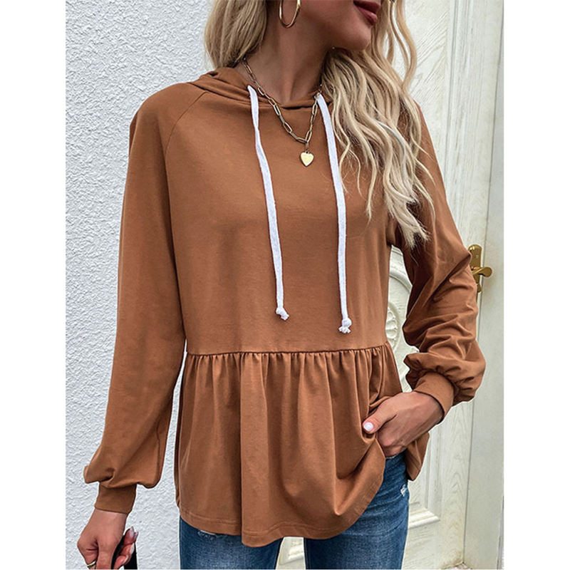 Coffee Solid Color Drawstring Pullover Hoodie TQG230002-15