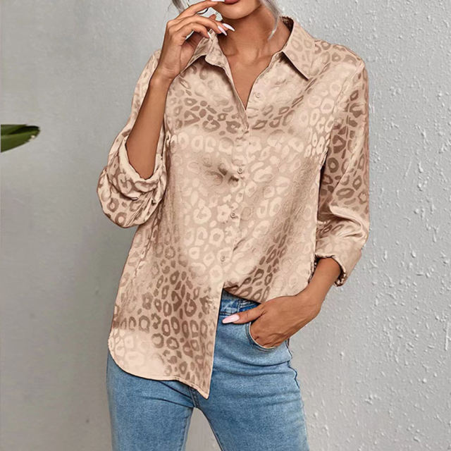 Golden Leopard Print Satin Jacquard Shirt TQG220028-12