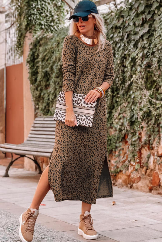Leopard Round Neck Long Sleeve Split Dress LC6117381-20