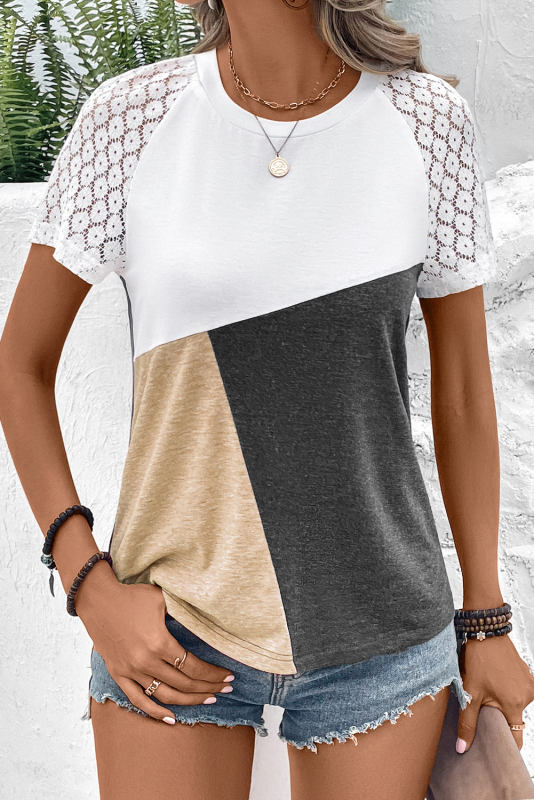 Khaki Color Block Lace Patchwork Short Sleeve T Shirt LC25221949-16