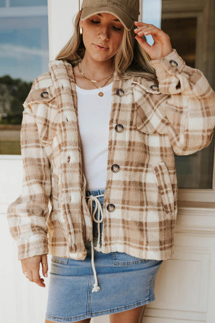 Khaki Sherpa Plaid Button Pocketed Jacket LC8512766-16