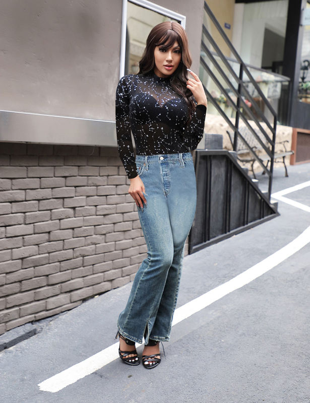 Silver Stars Pattern Sheer Mesh Long Sleeve Bodysuit