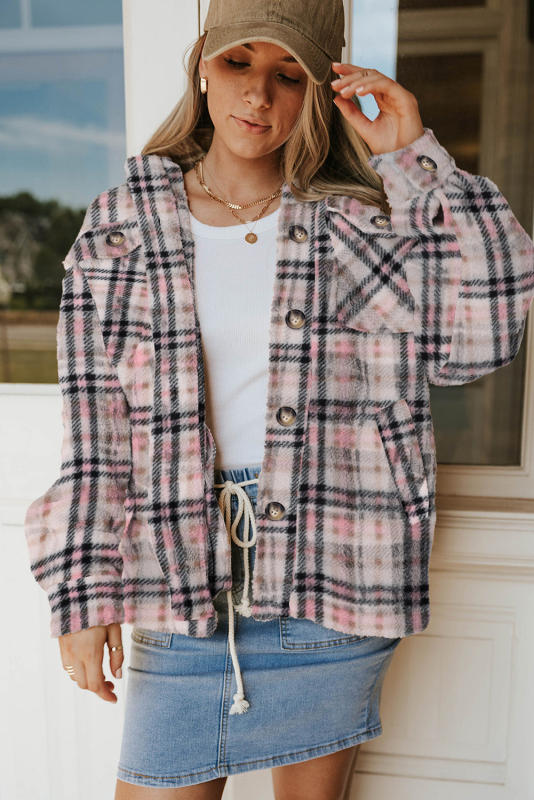 Pink Sherpa Plaid Button Pocketed Jacket LC8512766-10