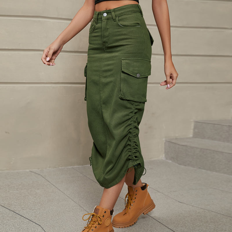Army Green Multi Pockets Sides Drawstring Midi Skirt TQH360099-27