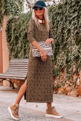 Leopard Round Neck Long Sleeve Split Dress LC6117381-20