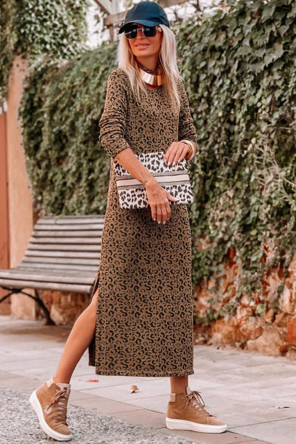 Leopard Round Neck Long Sleeve Split Dress LC6117381-20