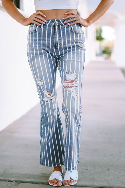 Sky Blue Vertical Striped Ripped Flare Jeans  LC7873810-4