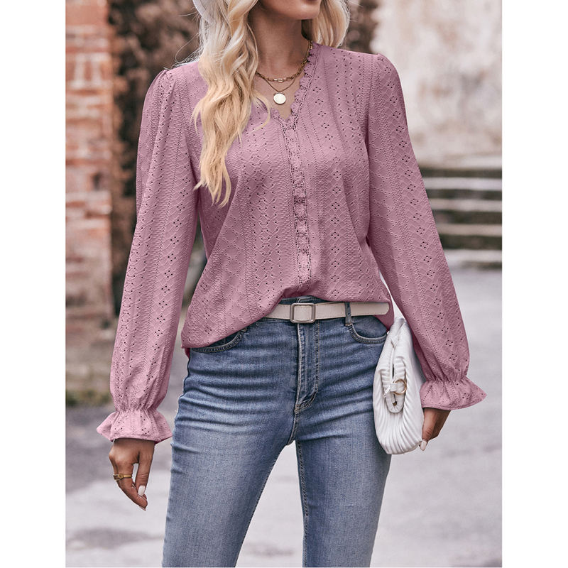 Lace V Neck Hollow-out Long Sleeve Tops TQX210312-47