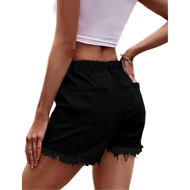 Black Drawstring Elastic Waist Denim Shorts TQH530086-2