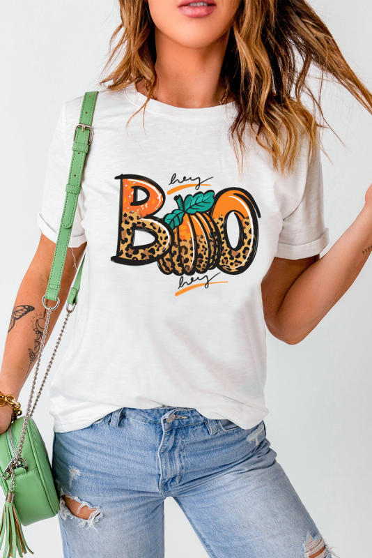 White BOO Pumpkin Leopard Print Crew Neck T Shirt LC25222629-1