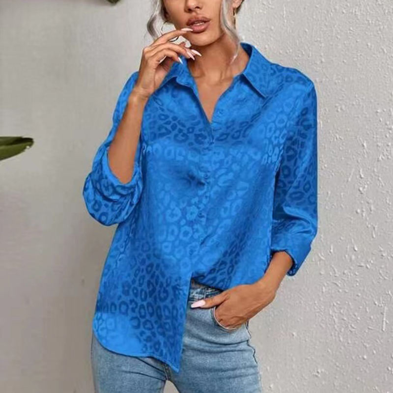 Royal Blue Leopard Print Satin Jacquard Shirt TQG220028-62