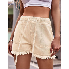 Light Yellow Drawstring Elastic Waist Denim Shorts TQH530086-42