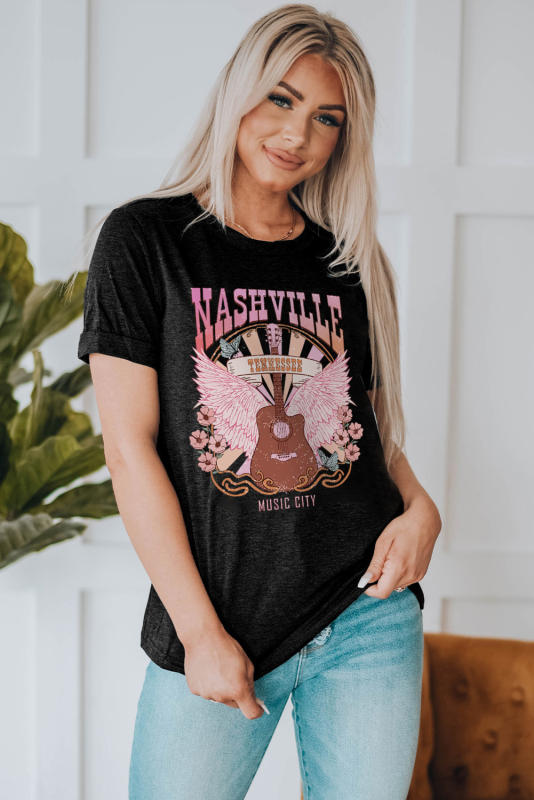 Black NASHVILLE Music City Graphic Print Short Sleeve Tee LC25222308-2