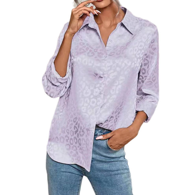 Light Purple Leopard Print Satin Jacquard Shirt TQG220028-38
