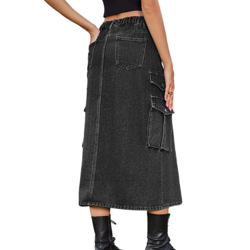 Dark Grey Elastic Waist Pocket Casual Midi Skirt TQH360095-26