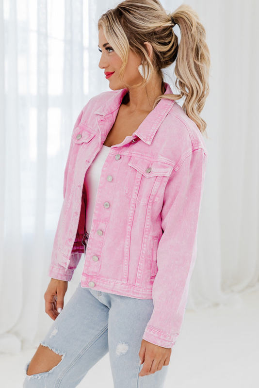 Pink Acid Wash Button Flap Pocket Denim Jacket LC788309-10