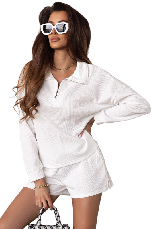 White Ribbed Zipper Sweatshirt and High Waist Shorts Set  LC2611284-1