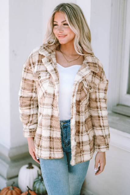 Khaki Sherpa Plaid Button Pocketed Jacket LC8512766-16